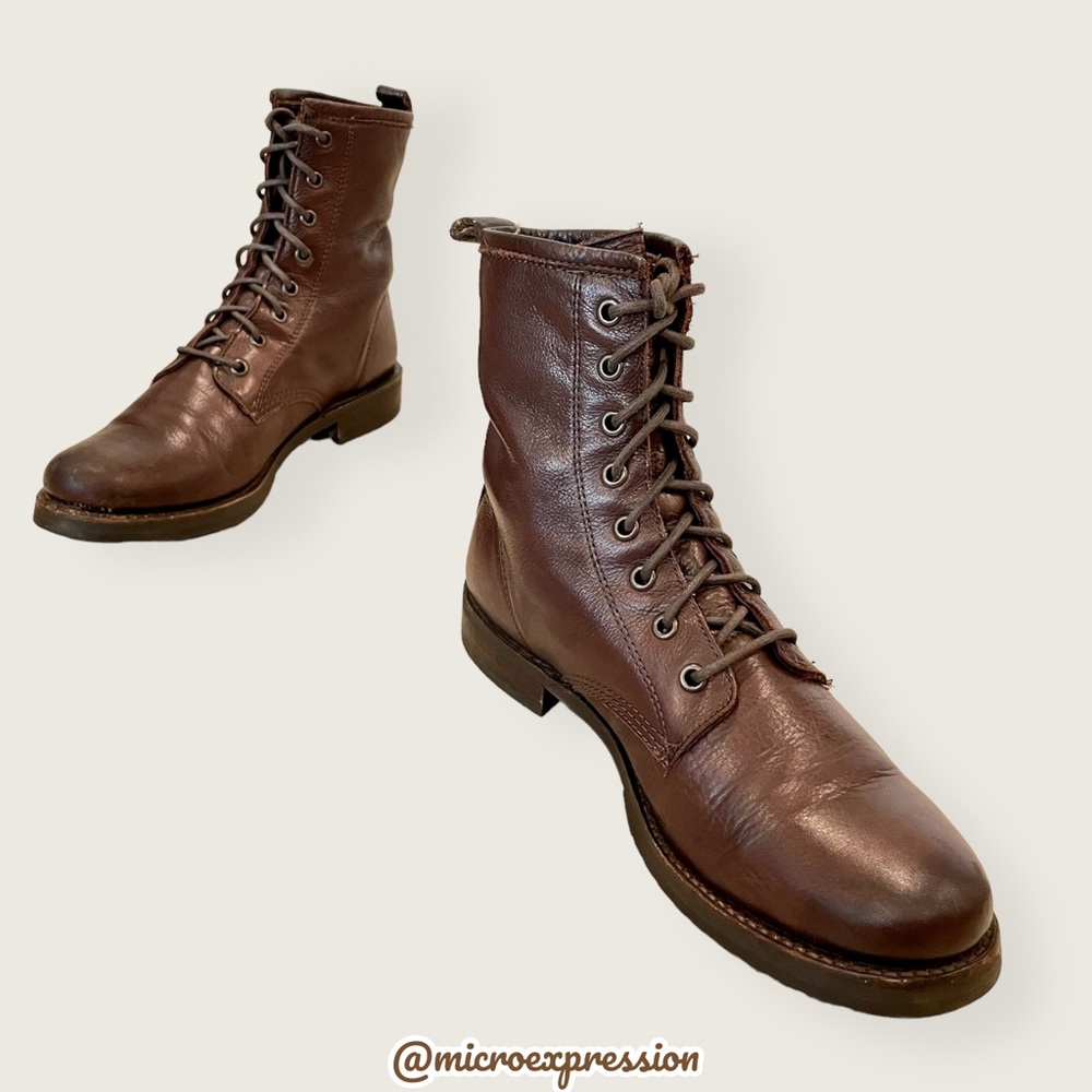$378 Frye Veronica Combat Brown Leather Lace Up Moto Combat Comfy Ankle Boot - Picture 15 of 16